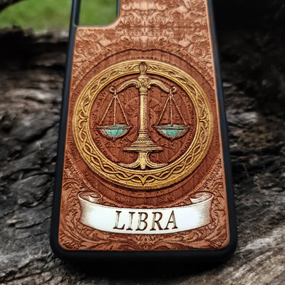 Artistic Libra wood phone case with celestial details