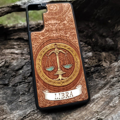 Unique wood phone case featuring the Libra horoscope artwork