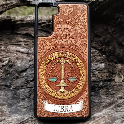 Libra zodiac sign wood phone case with engraved scale symbol