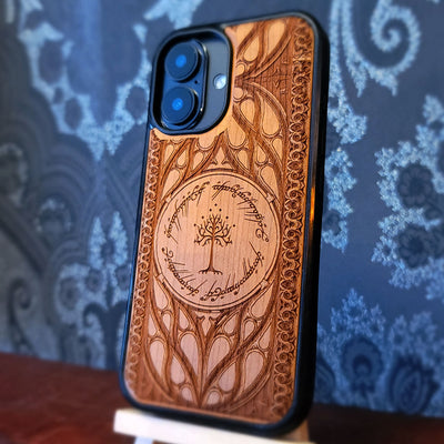 LOTR wooden phone case for iPhone and Samsung Galaxy models.