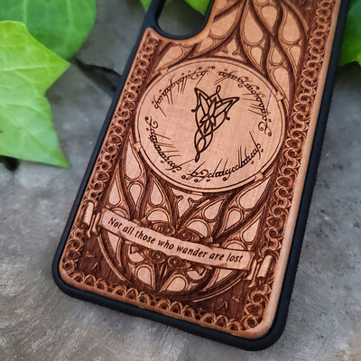 Evening Star Wood Phone Case – gothic art, engraved wood, dark fantasy, skeleton design, artisan crafted