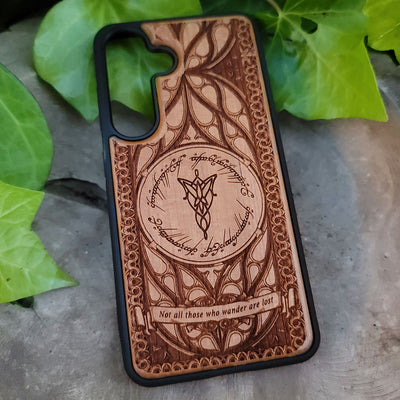 Evening Star Wood Phone Case – gothic art, engraved wood, dark fantasy, skeleton design, artisan crafted