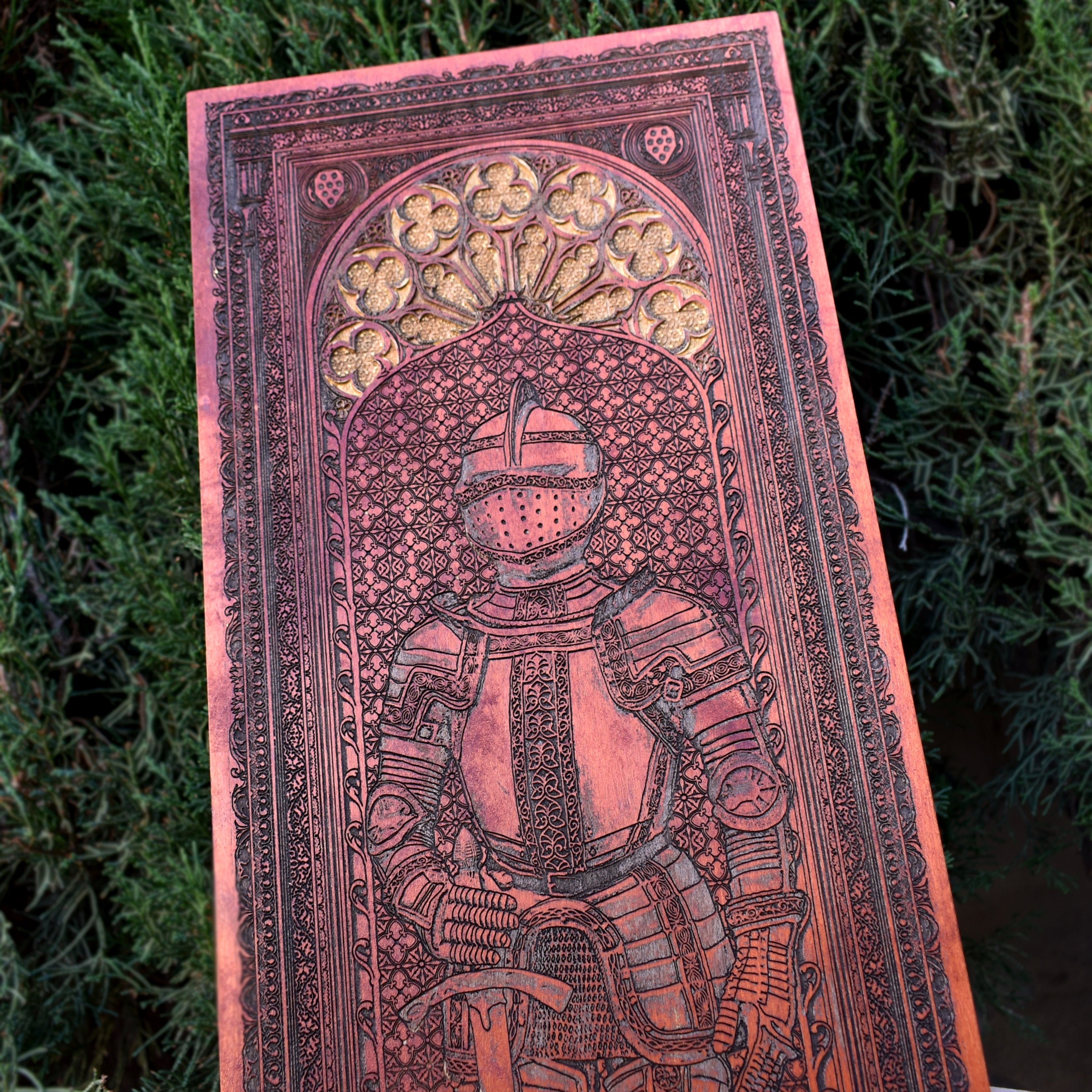 Engraved mahogany soldier wood art in dark fantasy style