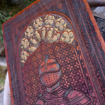 Dark armor knight on mahogany-stained wood wall plaque