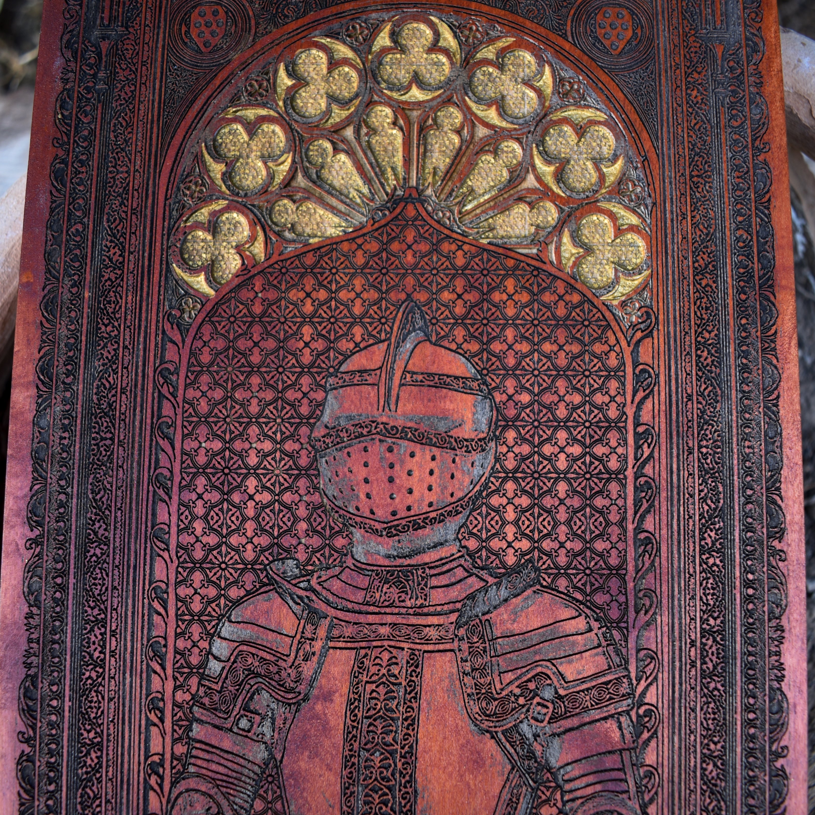 Gothic knight wood wall decor with medieval warrior detail