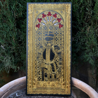 Gothic wood wall art of medieval knight in dark armor