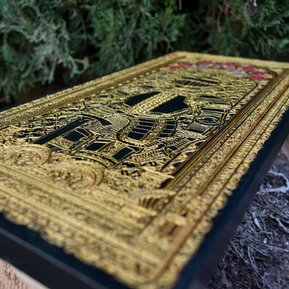 Fantasy knight wood art with engraved gothic detailing