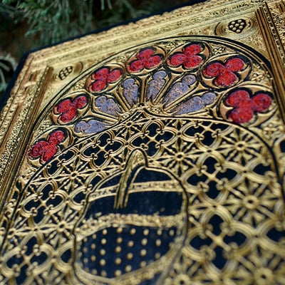 Engraved wooden knight art with gothic medieval helmet