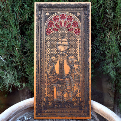 Cherrywood-stained gothic knight wood wall art medieval design