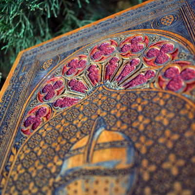 Laser-engraved cherrywood art of armored medieval knight