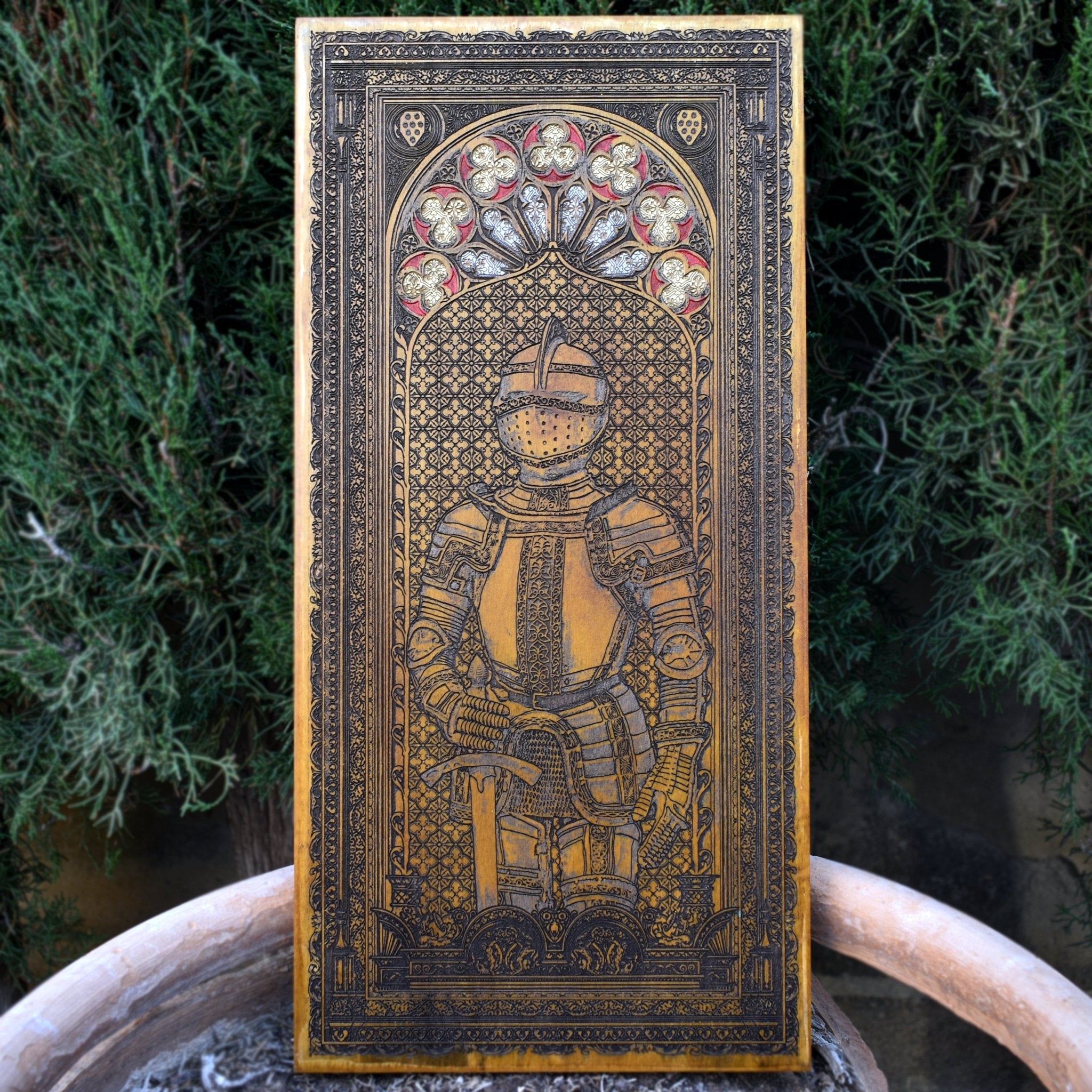 Oak stained wood wall art of medieval knight in gothic armor