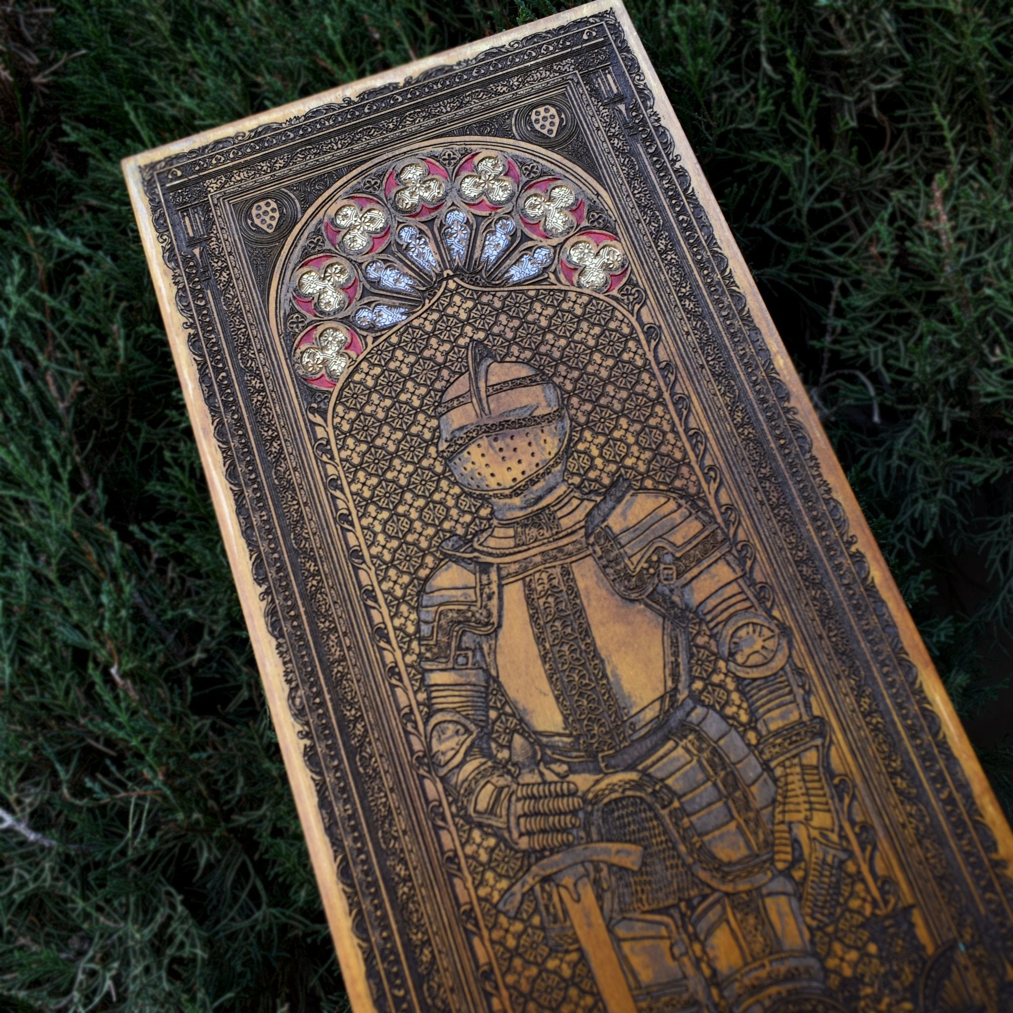 Handcrafted oak wood knight art with dark gothic details
