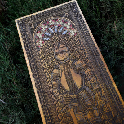 Handcrafted oak wood knight art with dark gothic details