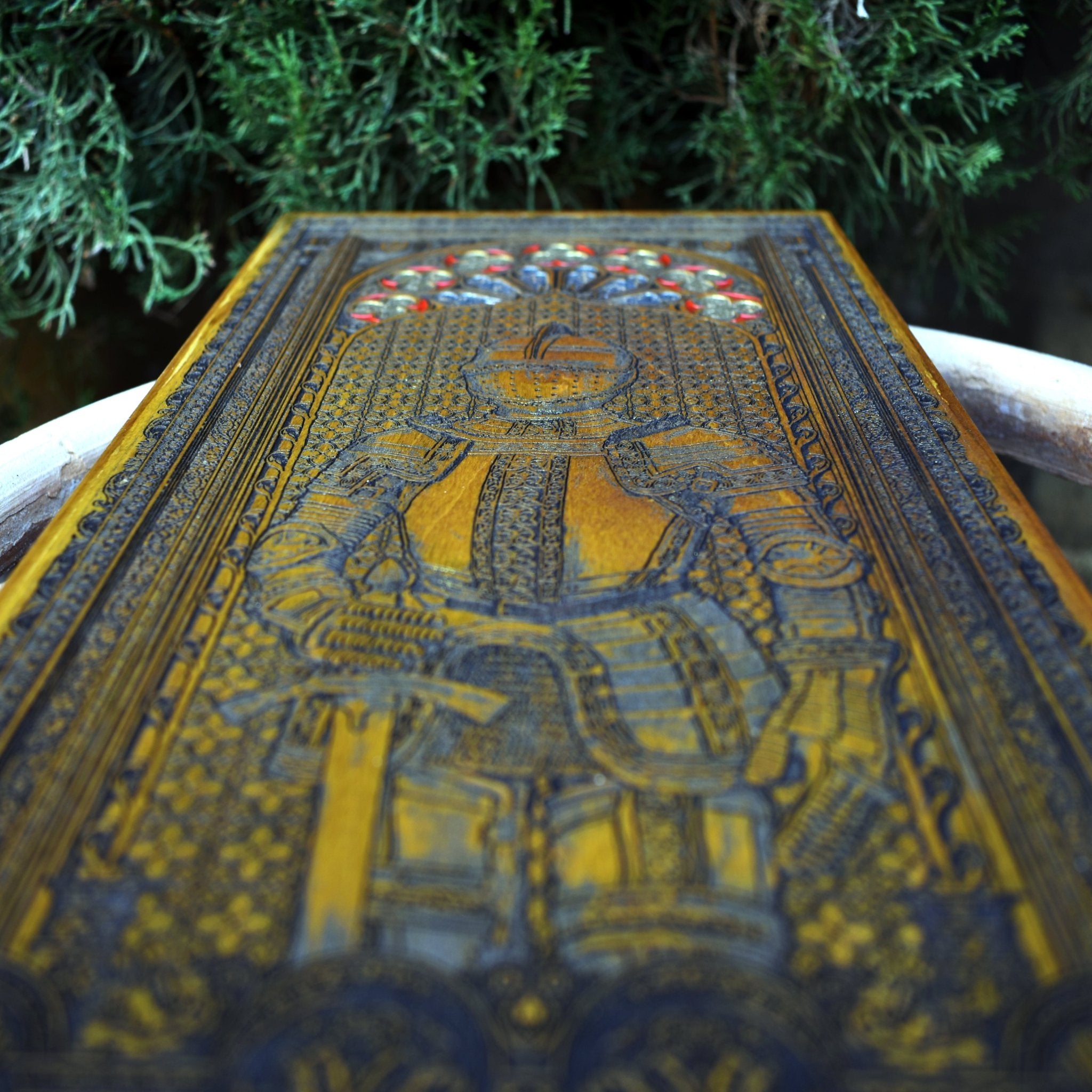 Gothic oak wall art featuring knight in full battle armor