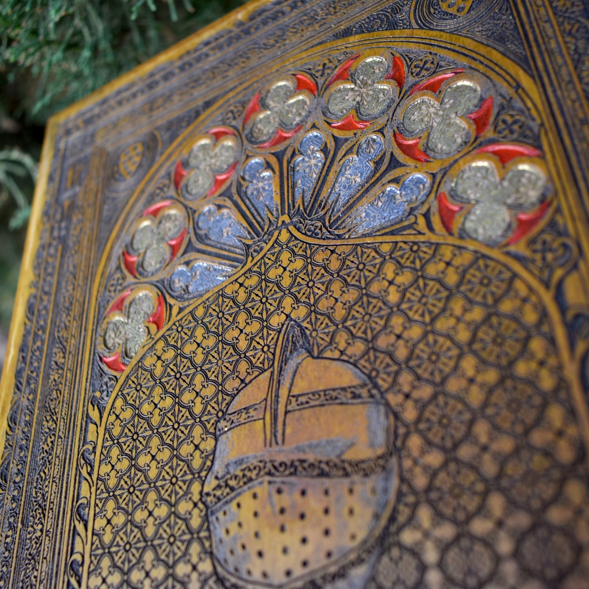 Medieval soldier engraving on oak wood for warrior decor