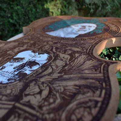 Mythical Medusa head in violin shape, handcrafted gothic wall art.