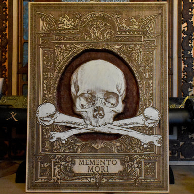 Handcrafted wooden skull panel with intricate carvings