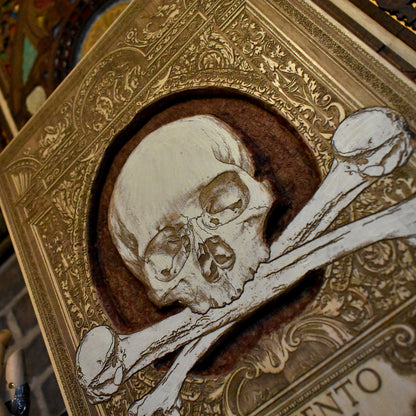 Gothic-style wood-carved skull wall art