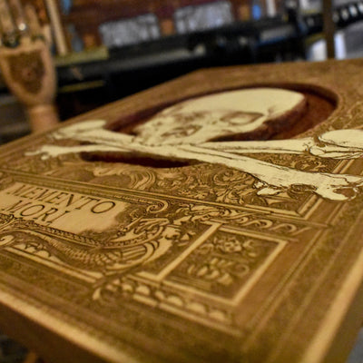 Memento Mori Hand Carved Large – gothic art, engraved wood, dark fantasy, skeleton design, artisan crafted