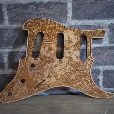 Stratocaster HSS & SSS Wood Pickguard - Millennium Falcon – gothic art, engraved wood, dark fantasy, skeleton design, artisan crafted