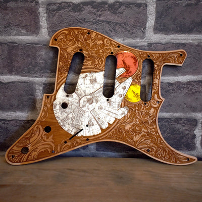 Stratocaster HSS & SSS Wood Pickguard - Millennium Falcon Hand Painted – gothic art, engraved wood, dark fantasy, skeleton design, artisan