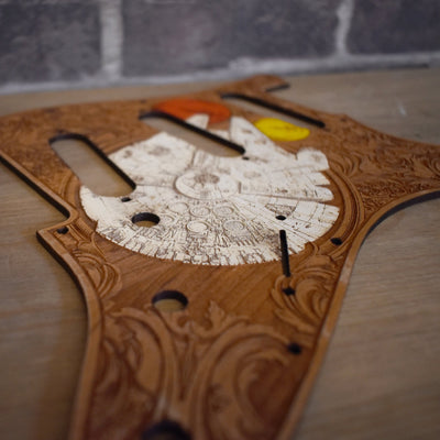 Stratocaster HSS & SSS Wood Pickguard - Millennium Falcon Hand Painted – gothic art, engraved wood, dark fantasy, skeleton design, artisan