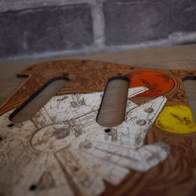 Stratocaster HSS & SSS Wood Pickguard - Millennium Falcon Hand Painted – gothic art, engraved wood, dark fantasy, skeleton design, artisan