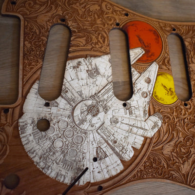 Stratocaster HSS & SSS Wood Pickguard - Millennium Falcon Hand Painted – gothic art, engraved wood, dark fantasy, skeleton design, artisan