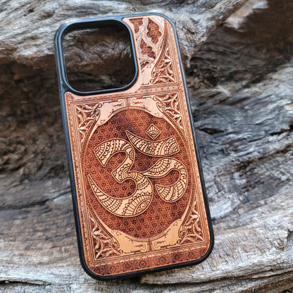 iPhone & Samsung Galaxy Wood Phone Case - Gothic Pattern with OM AUM Reiki Symbol