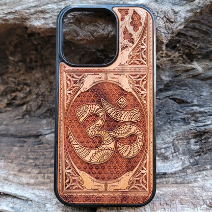 iPhone & Samsung Galaxy Wood Phone Case - Gothic Pattern with OM AUM Reiki Symbol