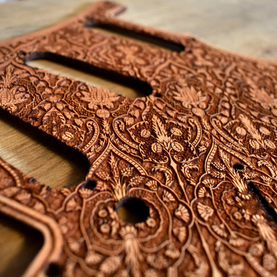 Stratocaster HSS & SSS Wood Pickguard - Flourish Pattern III – gothic art, engraved wood, dark fantasy, skeleton design, artisan crafted