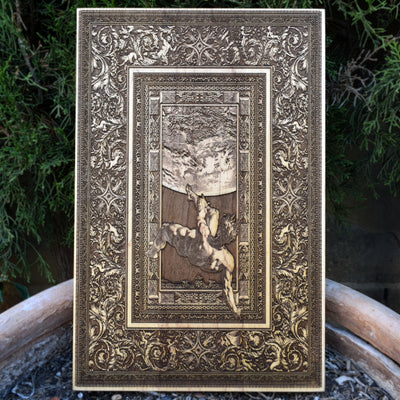 Phaeton Fall mythology wood engraving – Greek legend-inspired wooden artwork.