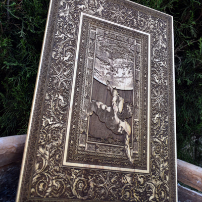 Handcrafted Greek mythology wood decor – Laser-engraved art of Phaeton’s fall.