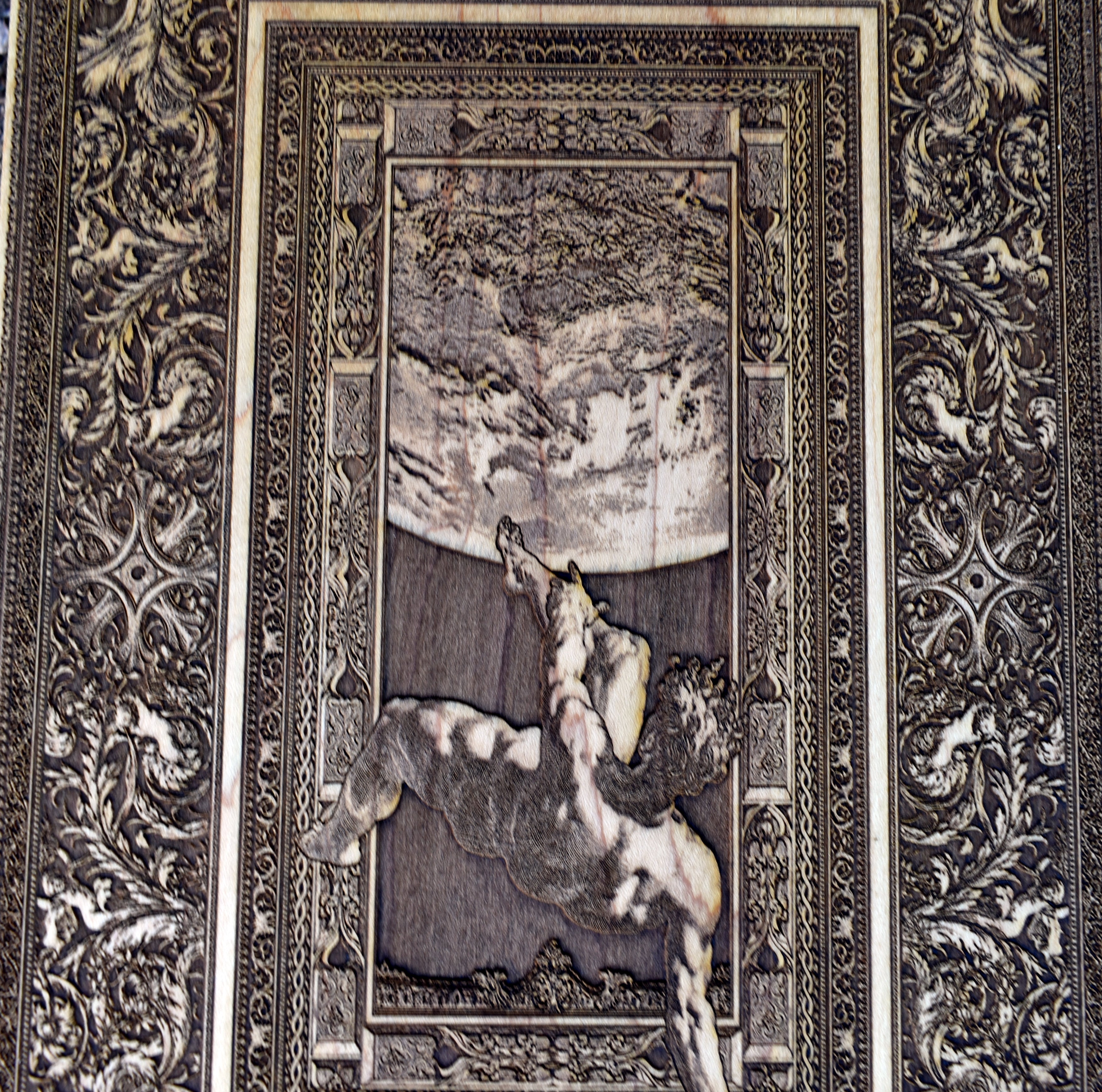 Handmade engraved wood art – Phaeton’s dramatic fall from the chariot.