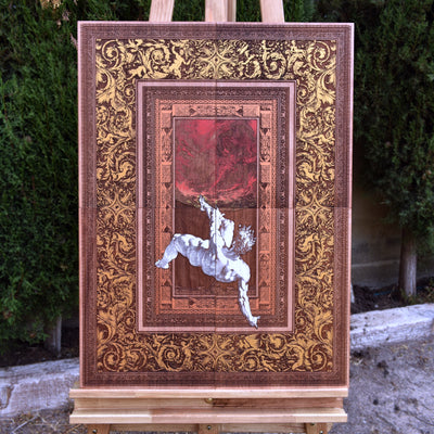 Hand-painted cedar wood artwork titled The Fall of Phaeton. A breathtaking four-piece wood panel featuring intricate detailing of the Greek mythological scene.