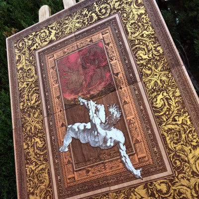 Mega-sized 4-piece The Fall of Phaeton artwork mounted on a wall, creating a dramatic mythological centerpiece with a rustic, handcrafted feel