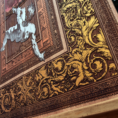 A detailed breakdown of The Fall of Phaeton artwork, showing each of the four hand-painted cedar wood panels and their seamless storytelling flow.