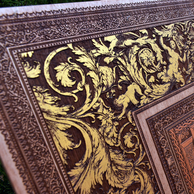 Gothic engraved wood art – gothic art, engraved wood, dark fantasy, skeleton design, artisan crafted