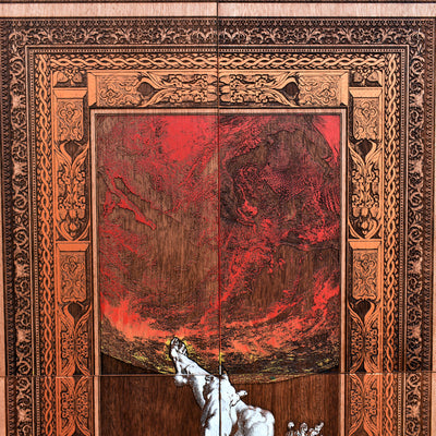 Gothic engraved wood art – gothic art, engraved wood, dark fantasy, skeleton design, artisan crafted