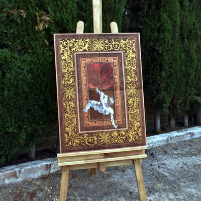 Close-up of The Fall of Phaeton on cedar wood, showcasing fine brushstrokes, texture, and detailed mythological storytelling in warm, rich tones