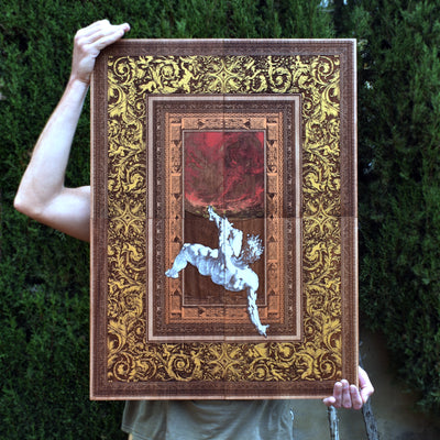 Depth view of The Fall of Phaeton hand-painted on cedar wood, emphasizing its organic wood grain and layered artistic details.