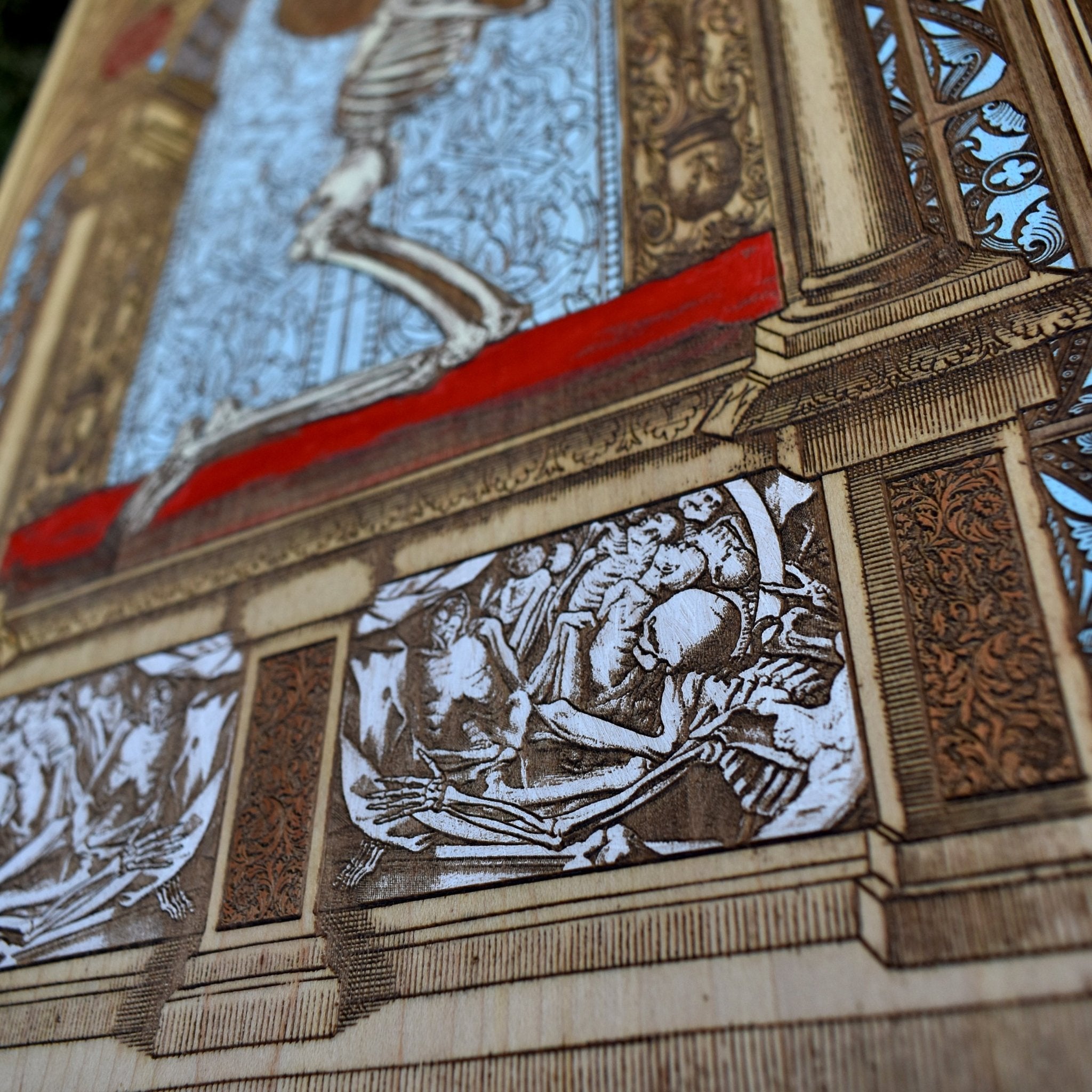 Limited edition prayer-themed wood engraving, deeply etched for bold detail.