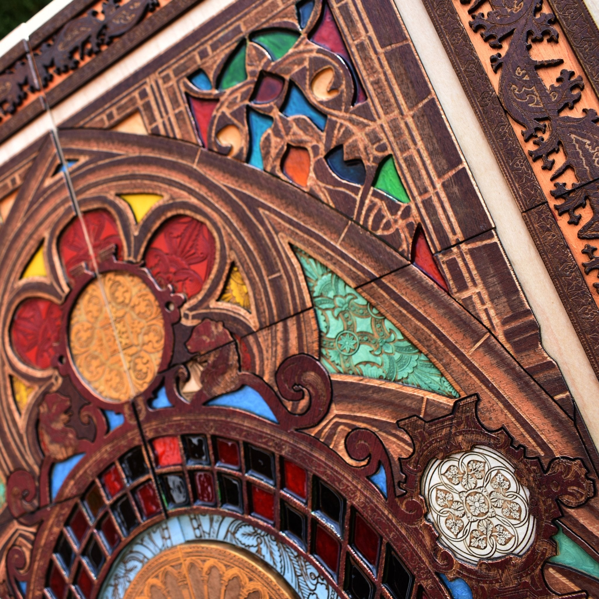Dark art cherrywood engraving showing a praying skeleton on four separate panels.