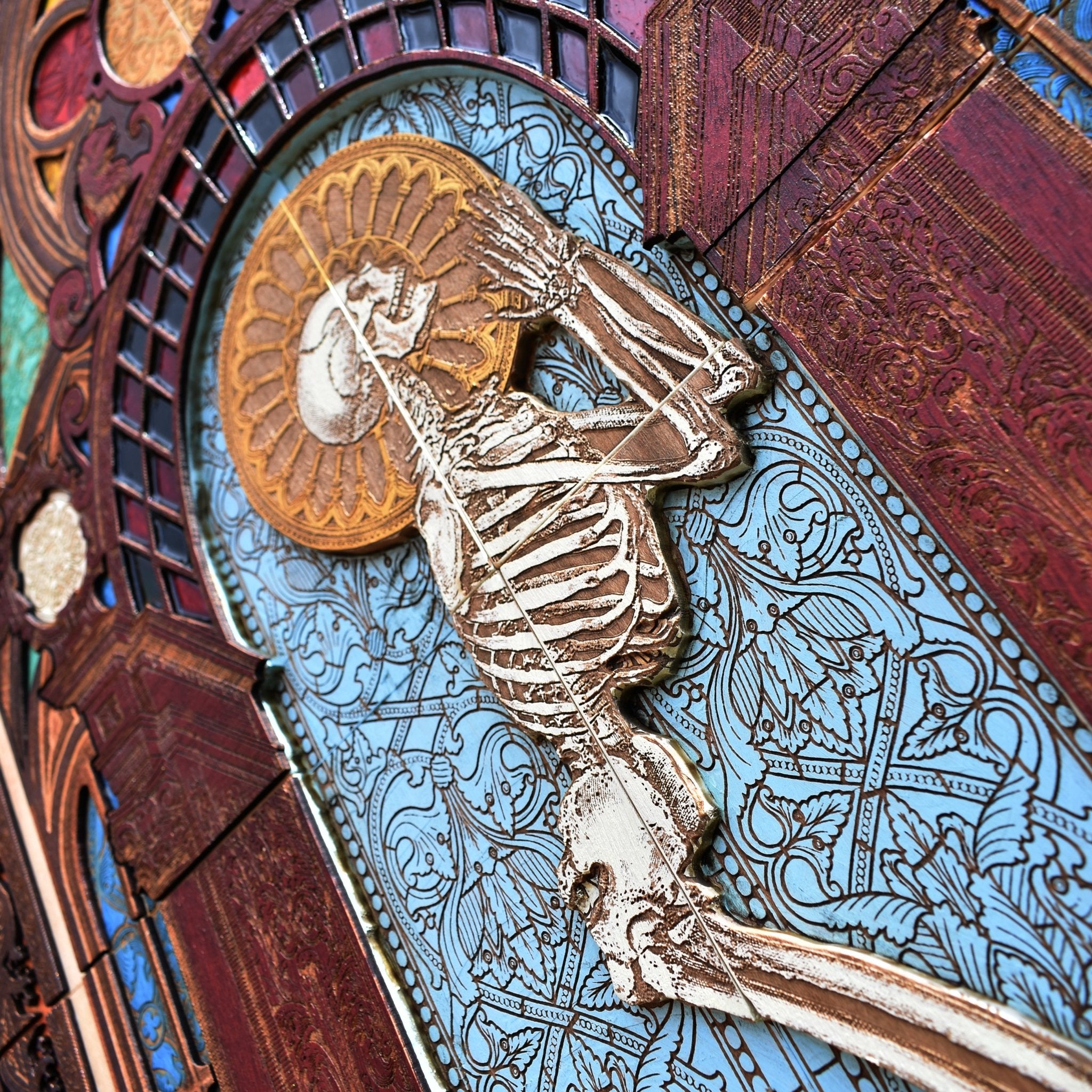 Unique gothic wall decor with praying skeleton, handcrafted on maple cherry panels.
