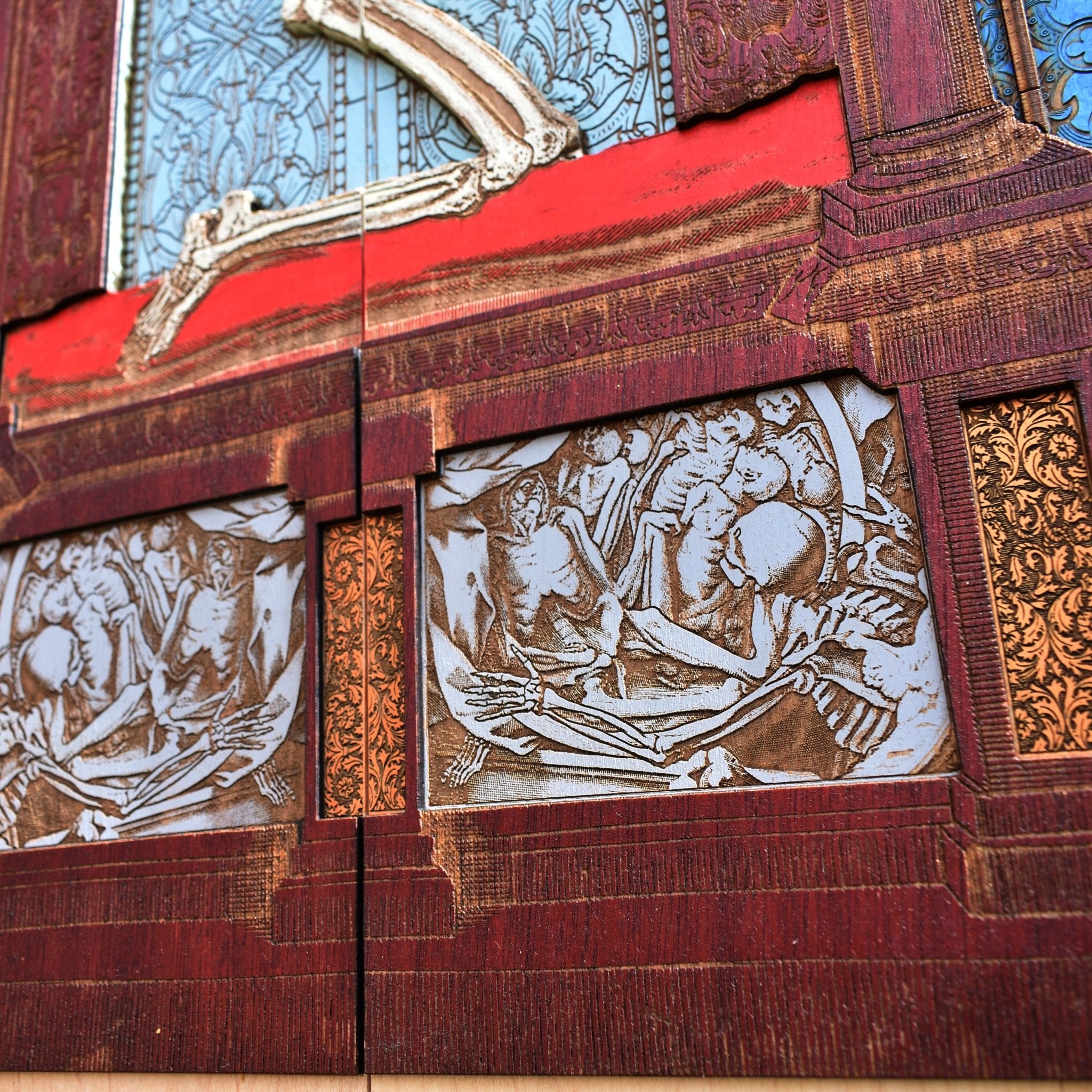 Cherrywood skeleton prayer scene in a large 4-panel gothic wall art format.