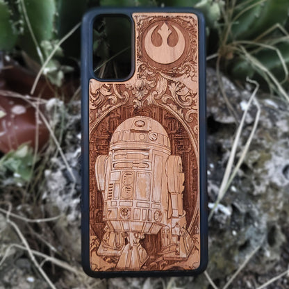 wood Phone case with engraved design of a r2d2 for iphone and galaxy