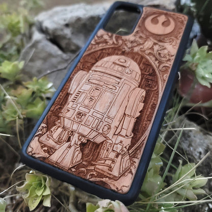 wood Phone case with engraved design of a r2d2 for iphone and galaxy
