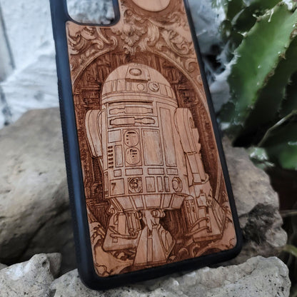 wood Phone case with engraved design of a r2d2 for iphone and galaxy