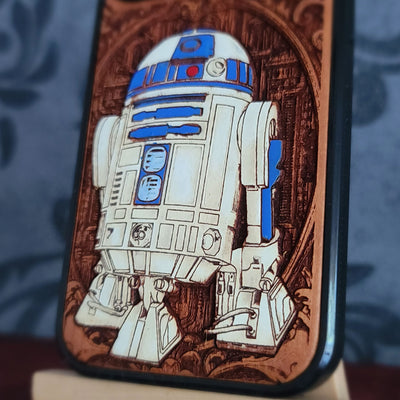 A close-up of a phone case featuring a detailed illustration of R2-D2, set against a dark blue patterned background.