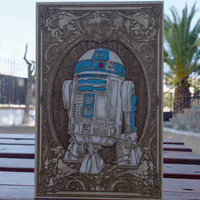R2D2 - Medium Hand Painted – gothic art, engraved wood, dark fantasy, skeleton design, artisan crafted